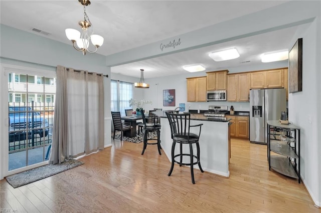 kitchen with decorative light fixtures, plenty of natural light, appliances with stainless steel finishes, a notable chandelier, and light hardwood / wood-style floors