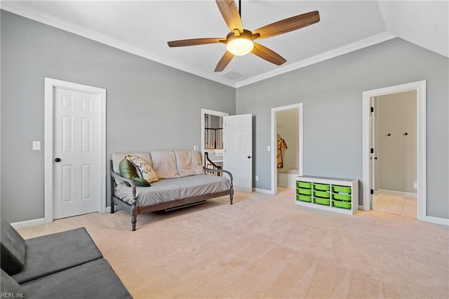 sitting room featuring light carpet, crown molding, lofted ceiling, and ceiling fan