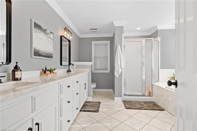 full bathroom featuring vanity, crown molding, tile patterned floors, and independent shower and bath