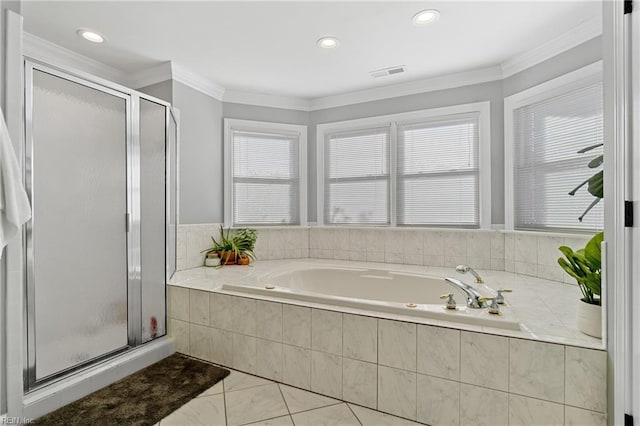 bathroom with ornamental molding, separate shower and tub, and tile patterned flooring