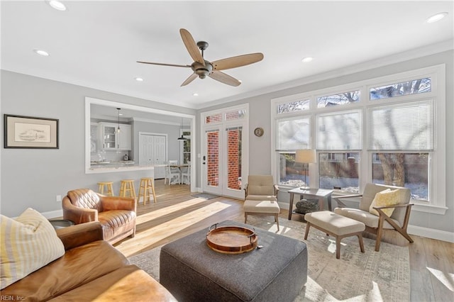 living room featuring ornamental molding, plenty of natural light, and light hardwood / wood-style floors