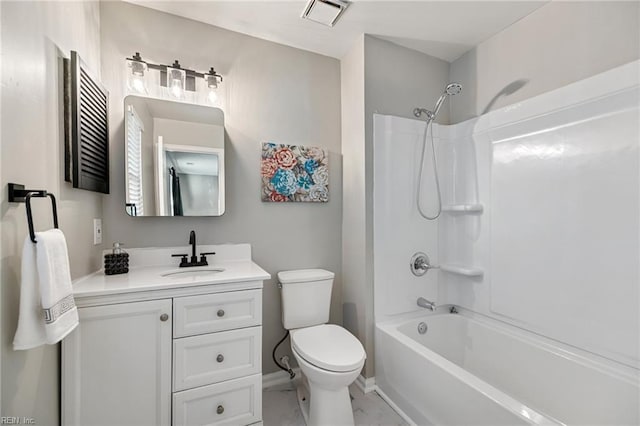 full bathroom featuring vanity, tub / shower combination, and toilet