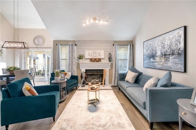 living room featuring lofted ceiling, a fireplace, light wood-type flooring, and a wealth of natural light