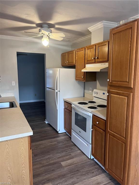 kitchen with sink, dark hardwood / wood-style flooring, ornamental molding, ceiling fan, and white appliances