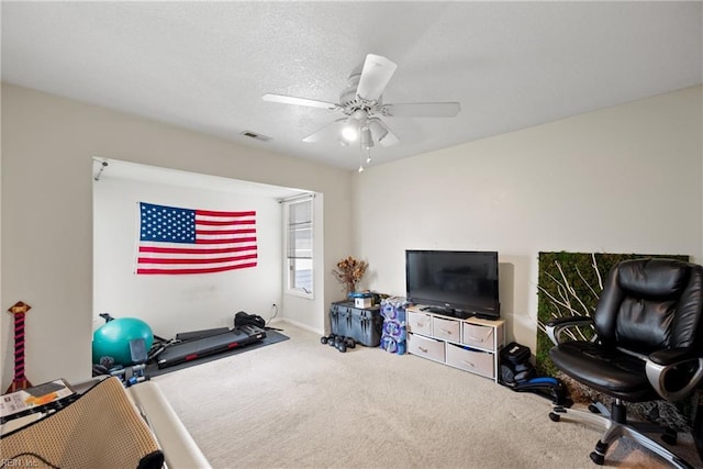 workout room featuring ceiling fan, carpet flooring, and a textured ceiling