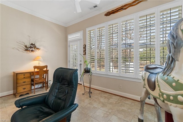 living area featuring crown molding, ceiling fan, and light tile patterned flooring