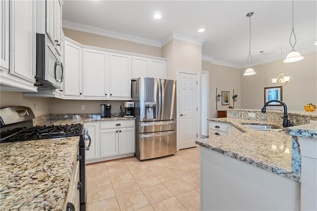 kitchen with sink, white cabinets, ornamental molding, stainless steel appliances, and light stone countertops