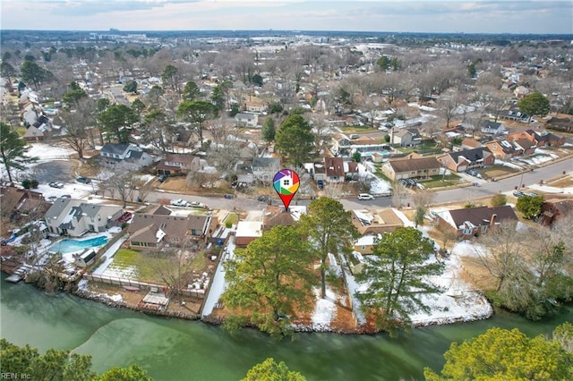 bird's eye view with a water view