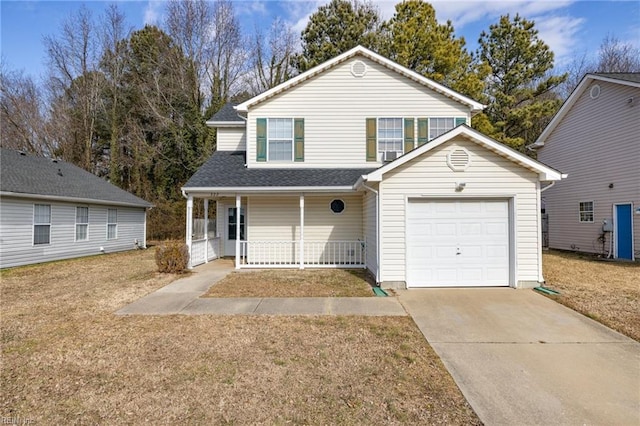 front facade featuring a porch, a garage, and a front lawn