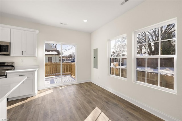 unfurnished dining area with dark hardwood / wood-style flooring and electric panel