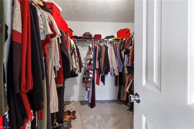 walk in closet with light carpet