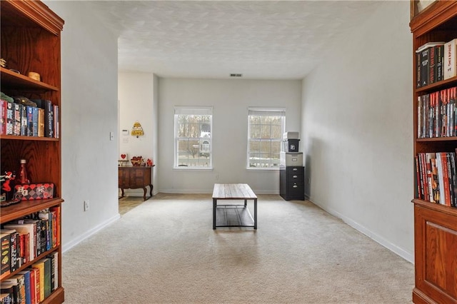 living area with light colored carpet