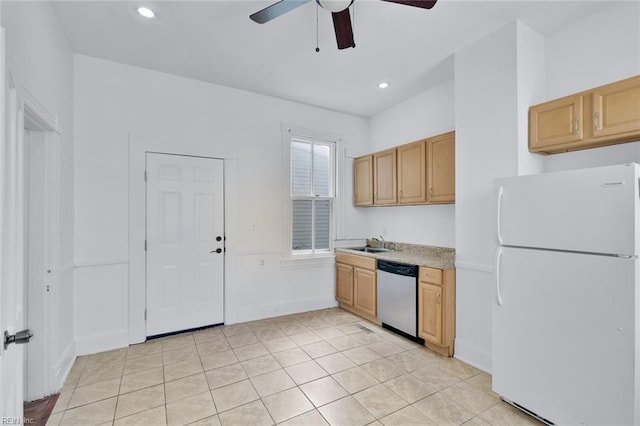 kitchen featuring dishwasher, white fridge, light brown cabinets, and light tile patterned flooring