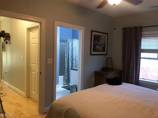 bedroom featuring ceiling fan and light hardwood / wood-style flooring