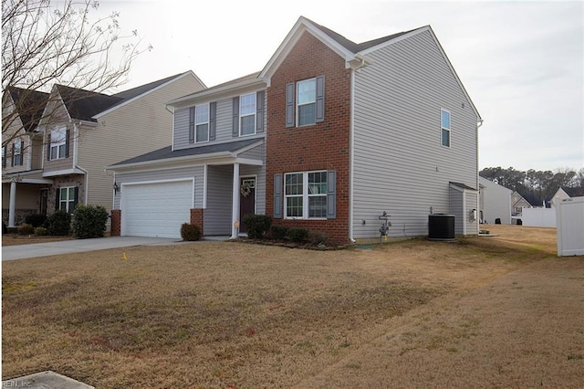 view of front of house featuring a garage, central AC, and a front yard