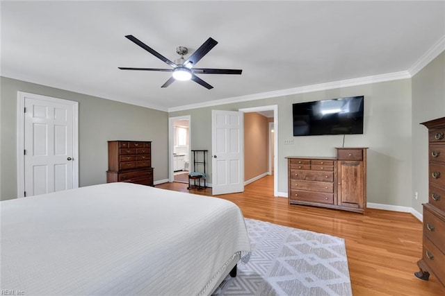 bedroom featuring crown molding, hardwood / wood-style flooring, and ceiling fan