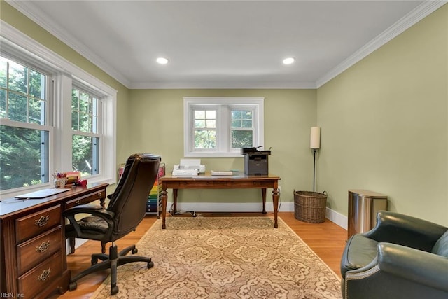 office space with crown molding, a wealth of natural light, and light hardwood / wood-style flooring