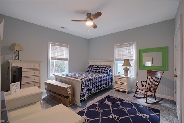 bedroom featuring carpet floors and ceiling fan