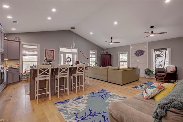 living room with lofted ceiling, light hardwood / wood-style floors, and ceiling fan