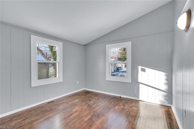empty room with lofted ceiling, dark wood-type flooring, and a healthy amount of sunlight