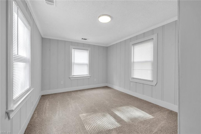 carpeted spare room with crown molding and a textured ceiling