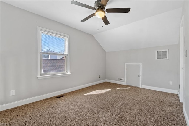 bonus room featuring ceiling fan, lofted ceiling, and carpet floors