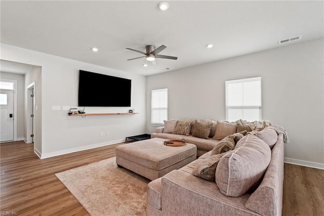 living room with ceiling fan and wood-type flooring