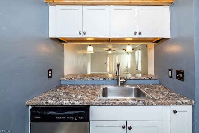 kitchen featuring white cabinetry, ceiling fan, dishwasher, and sink