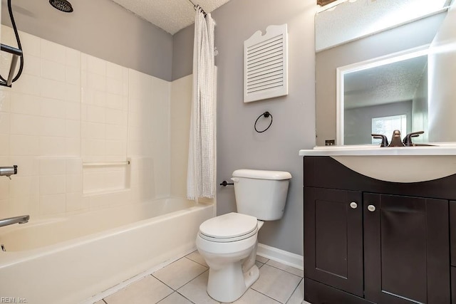 full bathroom with shower / tub combo with curtain, vanity, tile patterned floors, and toilet