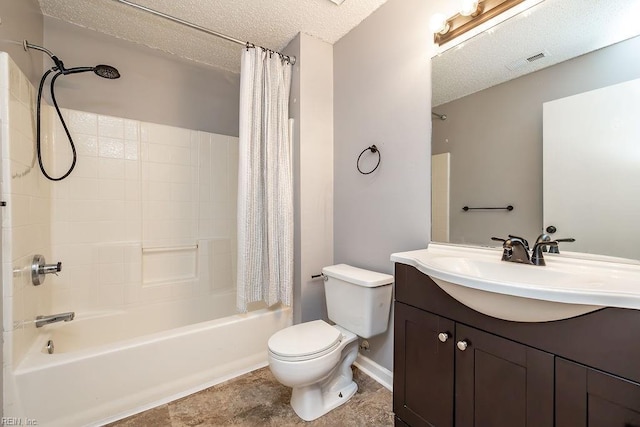 full bathroom with vanity, shower / bathtub combination with curtain, a textured ceiling, and toilet