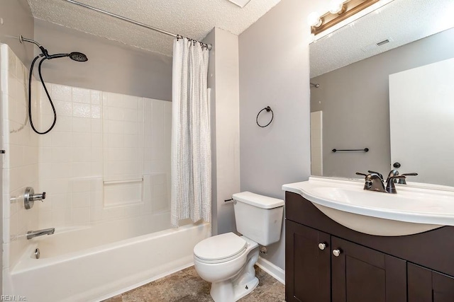 full bathroom with vanity, shower / bathtub combination with curtain, a textured ceiling, and toilet