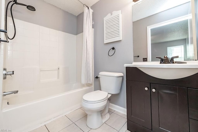 full bathroom with toilet, a textured ceiling, vanity, shower / bath combo, and tile patterned flooring