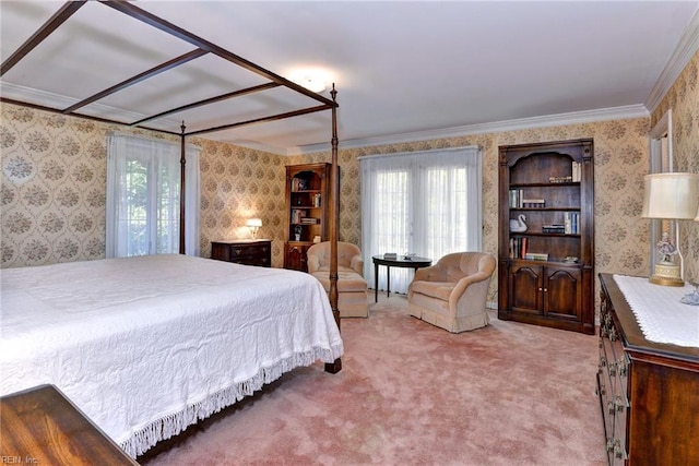 bedroom with wallpapered walls, crown molding, and carpet flooring