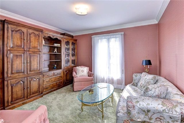 living area with light carpet and crown molding