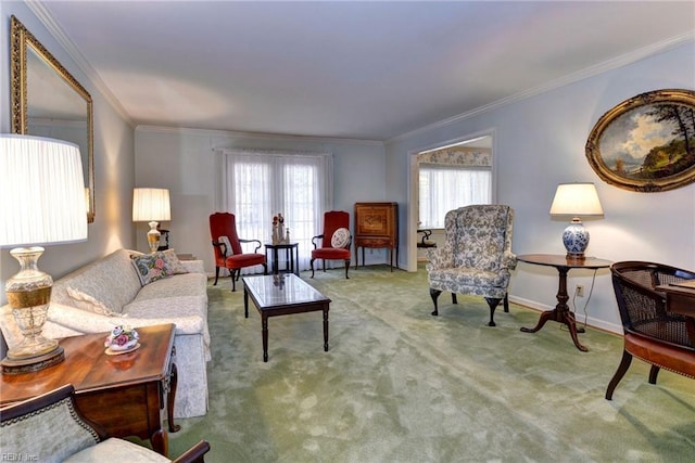 carpeted living room with ornamental molding and baseboards