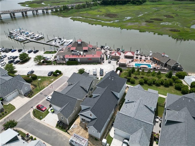 drone / aerial view with a water view