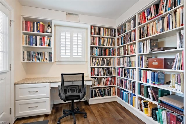 office area featuring dark wood-type flooring and built in desk