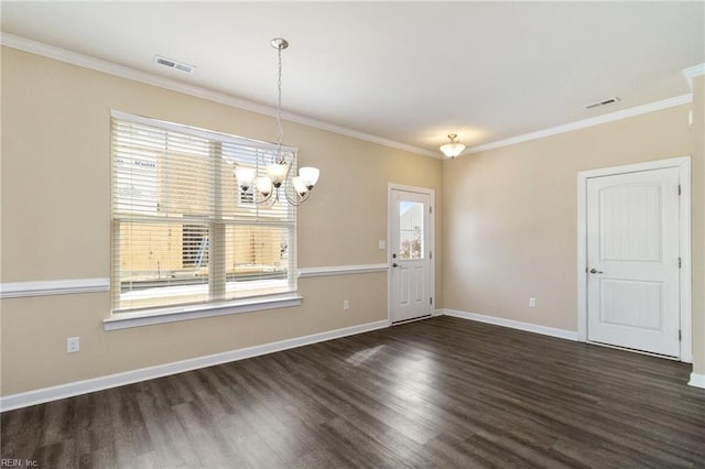 interior space featuring ornamental molding, dark hardwood / wood-style floors, and a chandelier