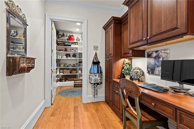 office featuring crown molding and light hardwood / wood-style floors