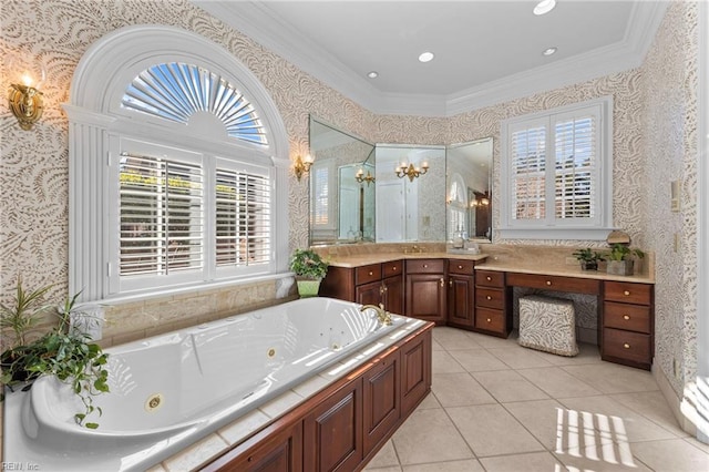 bathroom with tile patterned floors, ornamental molding, shower with separate bathtub, and vanity