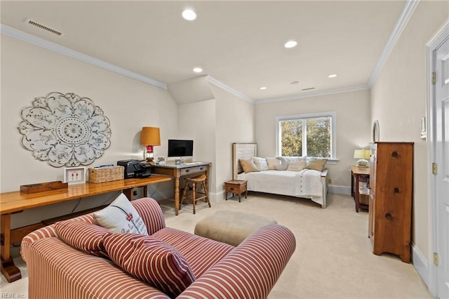 carpeted bedroom with crown molding