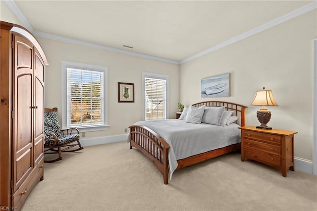 bedroom featuring crown molding and light colored carpet