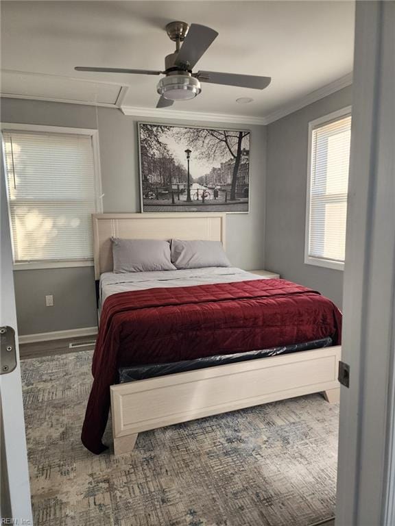 bedroom featuring crown molding and ceiling fan