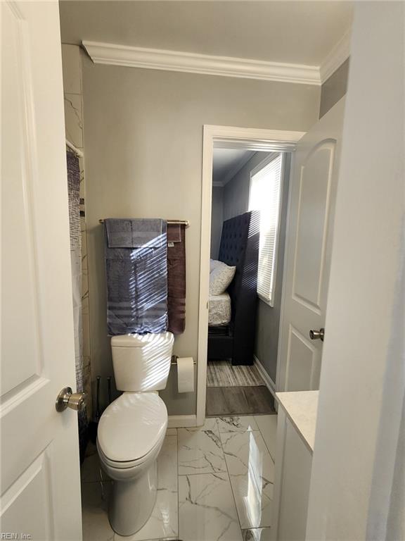 bathroom featuring ornamental molding, vanity, and toilet