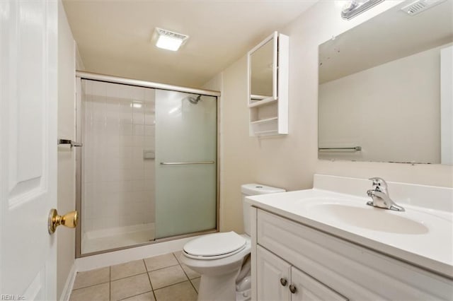 bathroom with vanity, a shower with shower door, tile patterned floors, and toilet