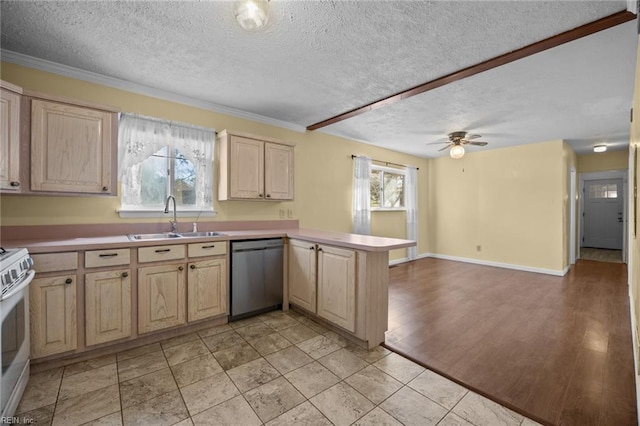 kitchen featuring sink, white stove, a textured ceiling, stainless steel dishwasher, and kitchen peninsula