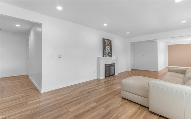 living room featuring a premium fireplace and light hardwood / wood-style flooring