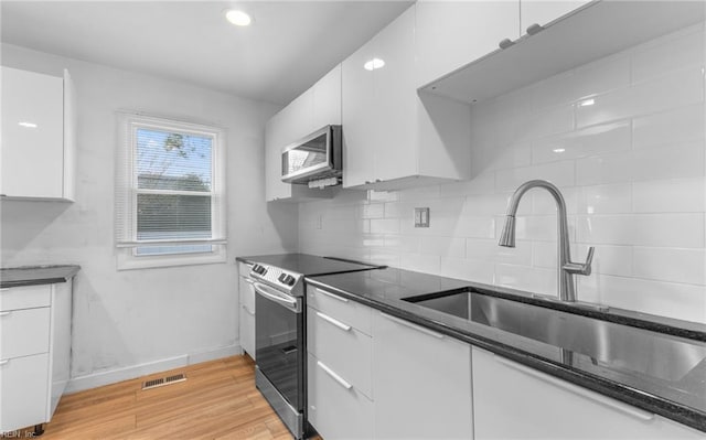 kitchen with stainless steel appliances, tasteful backsplash, sink, and white cabinets