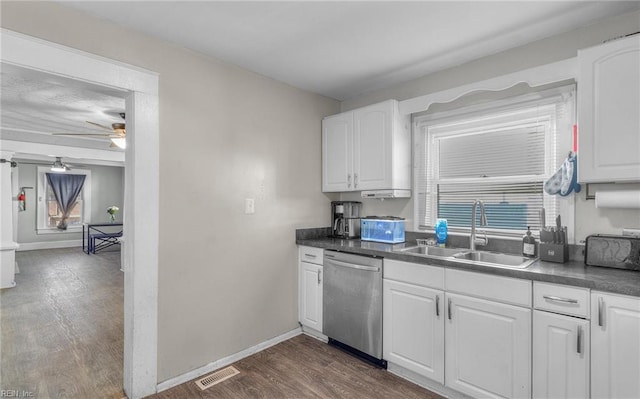 kitchen featuring sink, white cabinetry, stainless steel dishwasher, dark hardwood / wood-style flooring, and ceiling fan