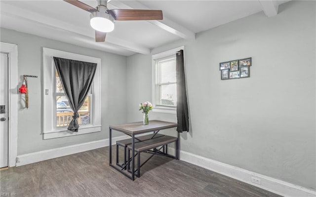 miscellaneous room featuring ceiling fan, dark hardwood / wood-style floors, and beam ceiling